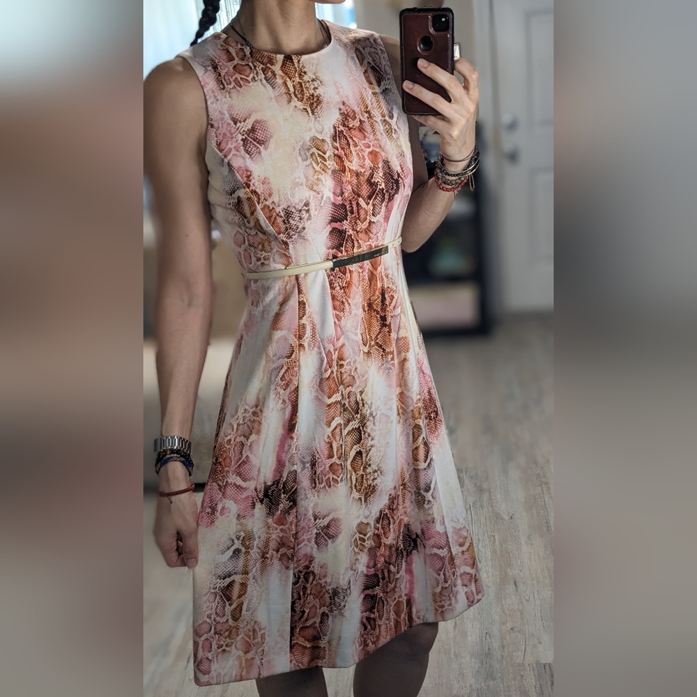 Calvin Klein Y2K 2000s fit & flare A-line pink snakeskin print dress + belt sz 4
